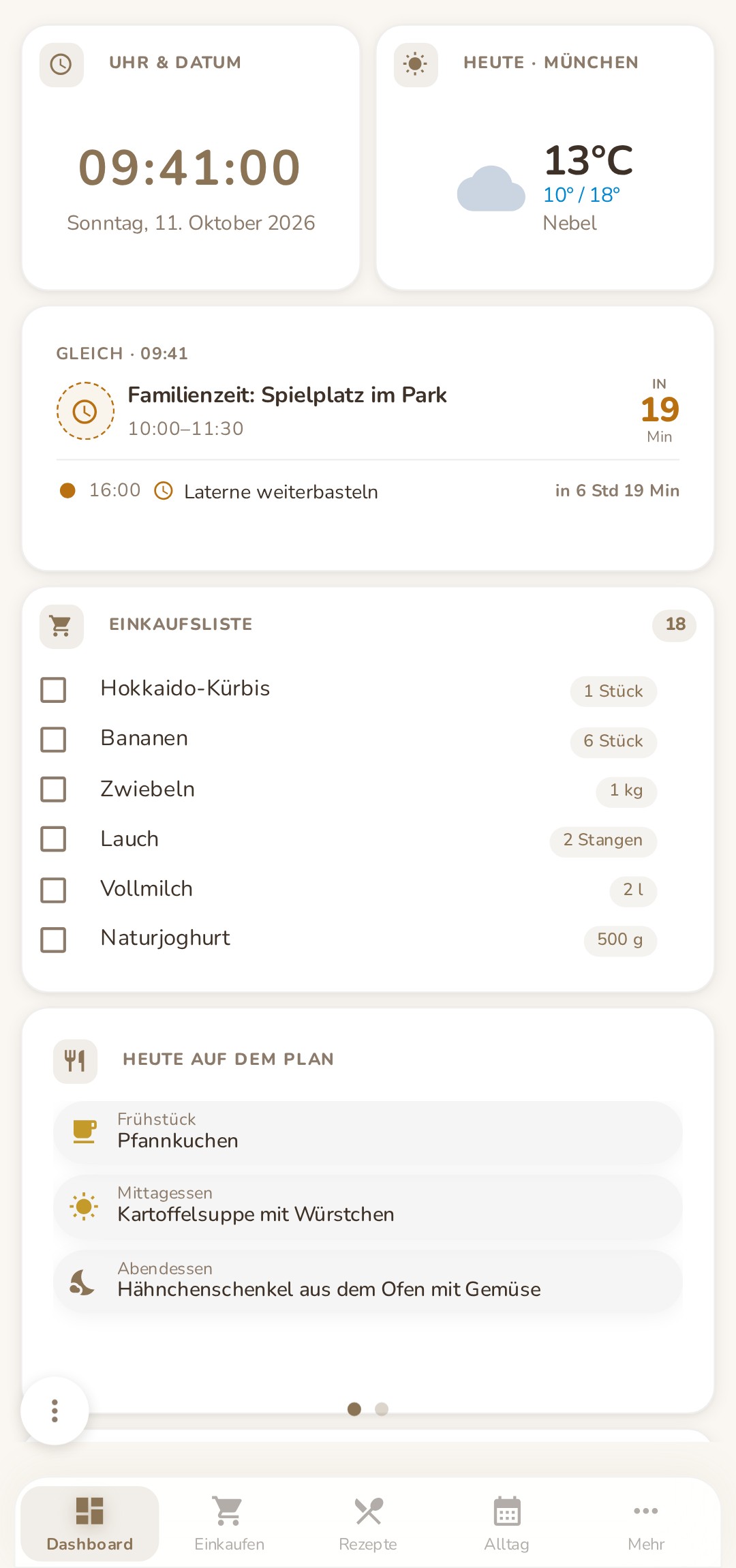 Familea Dashboard mit Widgets im Design Mokka