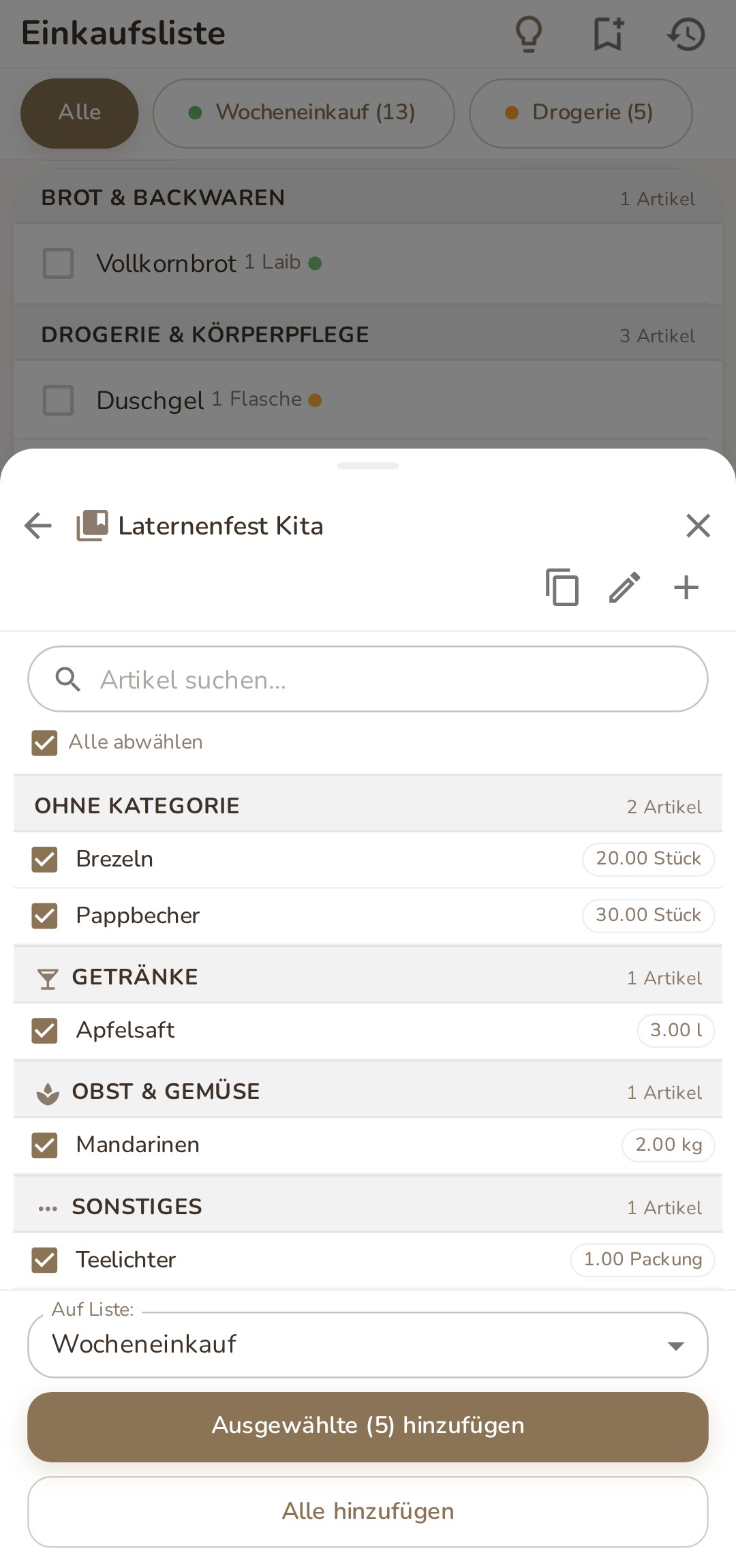 Geöffnete Sammlung Laternenfest Kita: Artikel auswählen und auf eine Liste übernehmen
