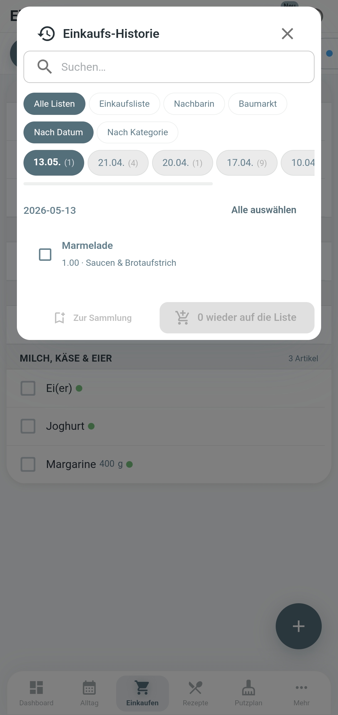 Einkaufshistorie in Familea