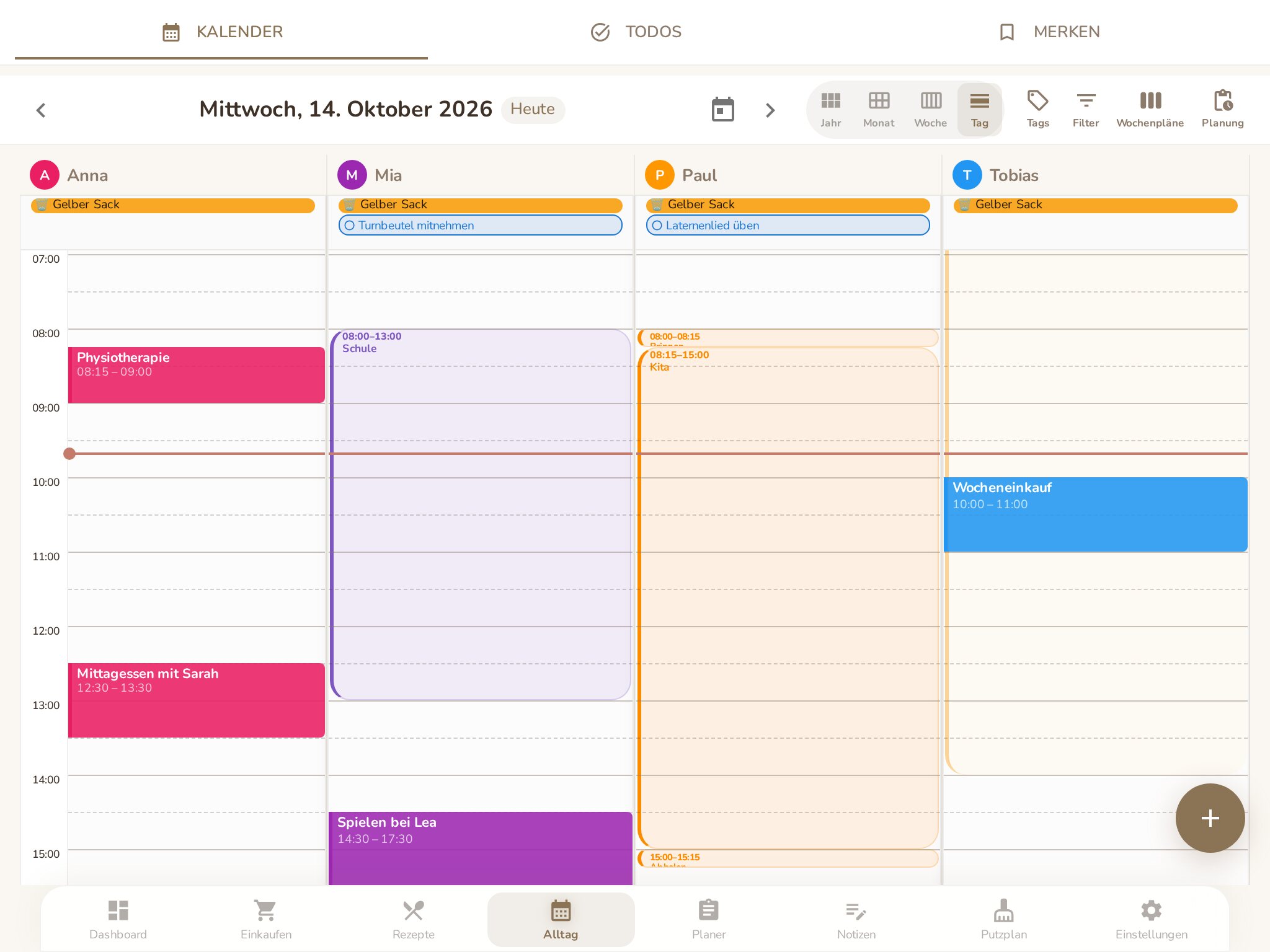 Tageskalender am Familientablet: alle Familienmitglieder nebeneinander