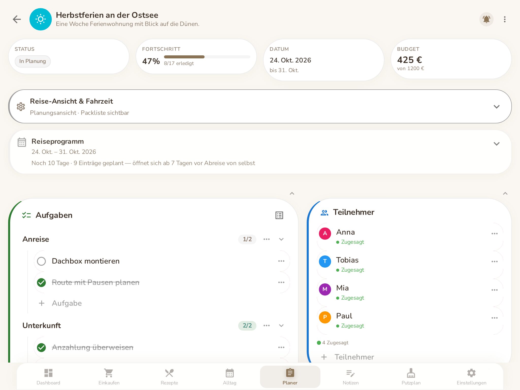 Urlaubsplan Herbstferien an der Ostsee am Familientablet: Fortschritt, Budget, Reiseprogramm, Aufgaben und Teilnehmer