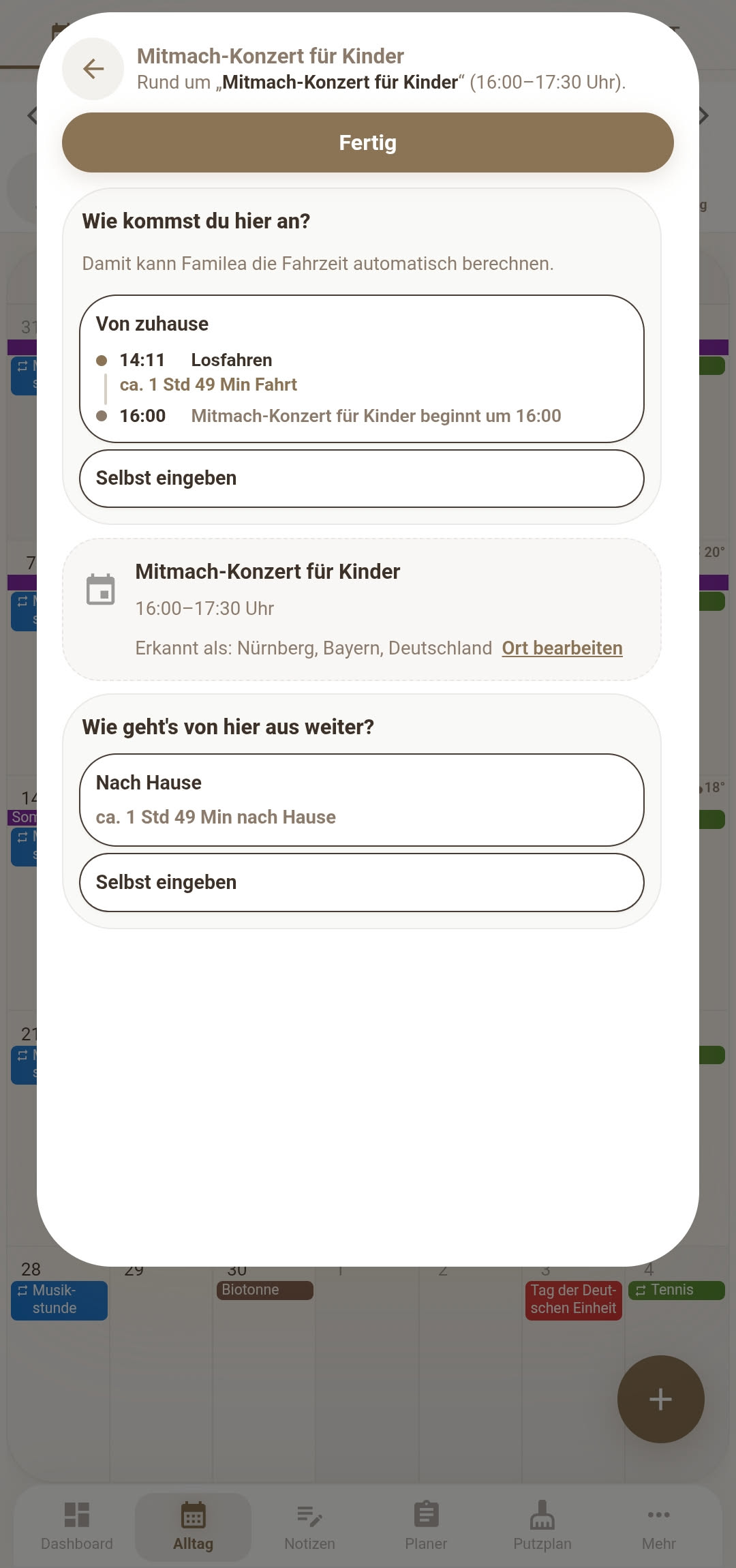 Automatische Fahrtzeit-Berechnung in Familea