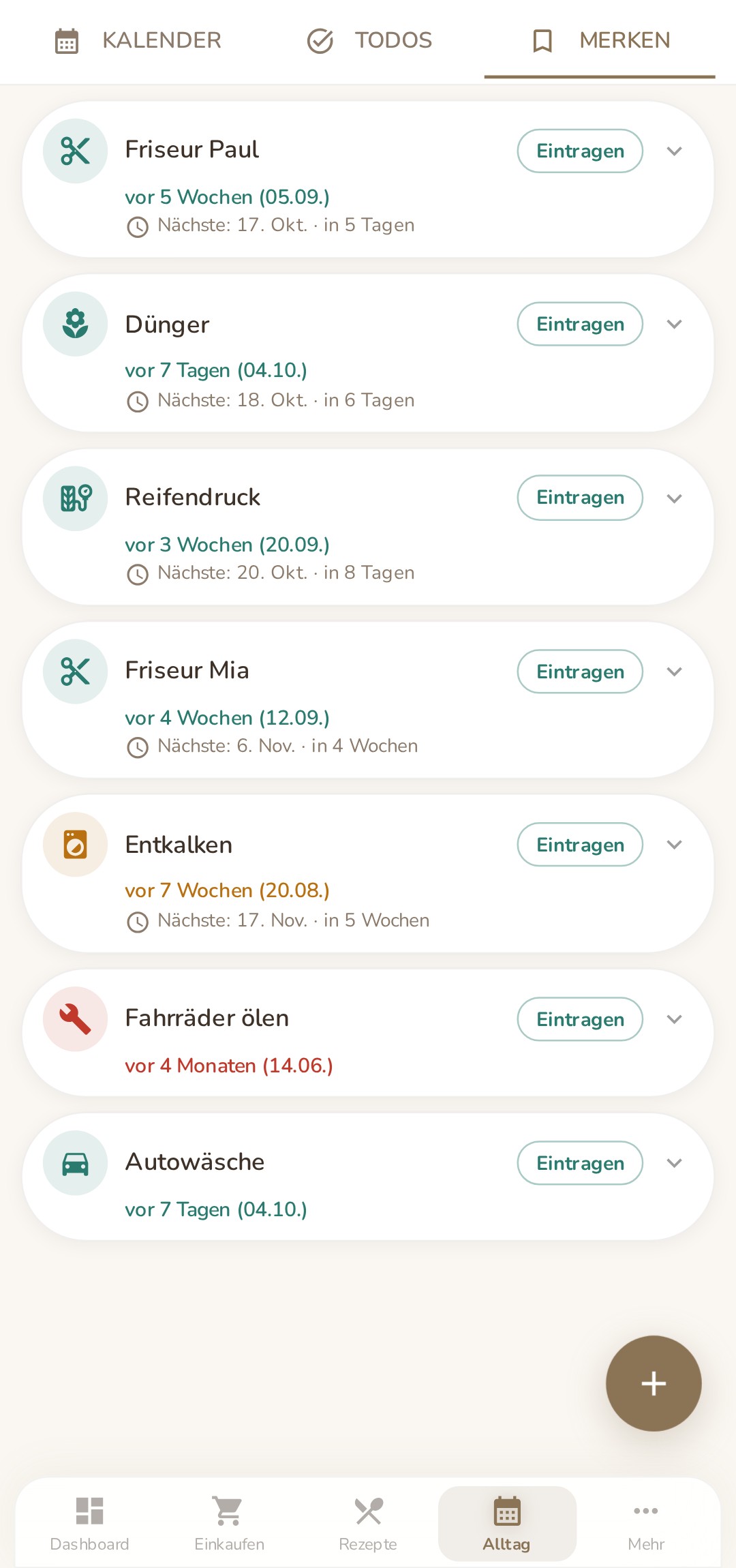 Merken im Alltag-Hub: wann war Friseur, Dünger oder Reifendruck zuletzt, und wann ist es wieder dran