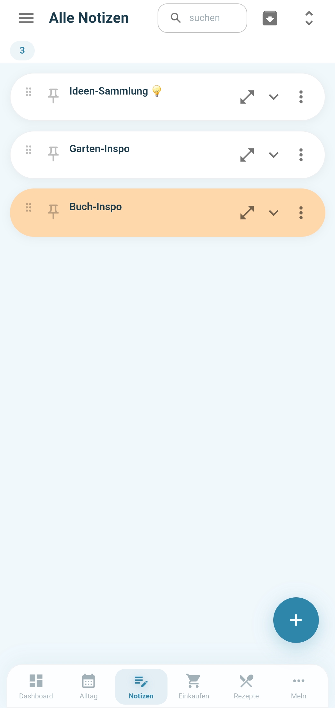 Notizen-Übersicht in der Familea App