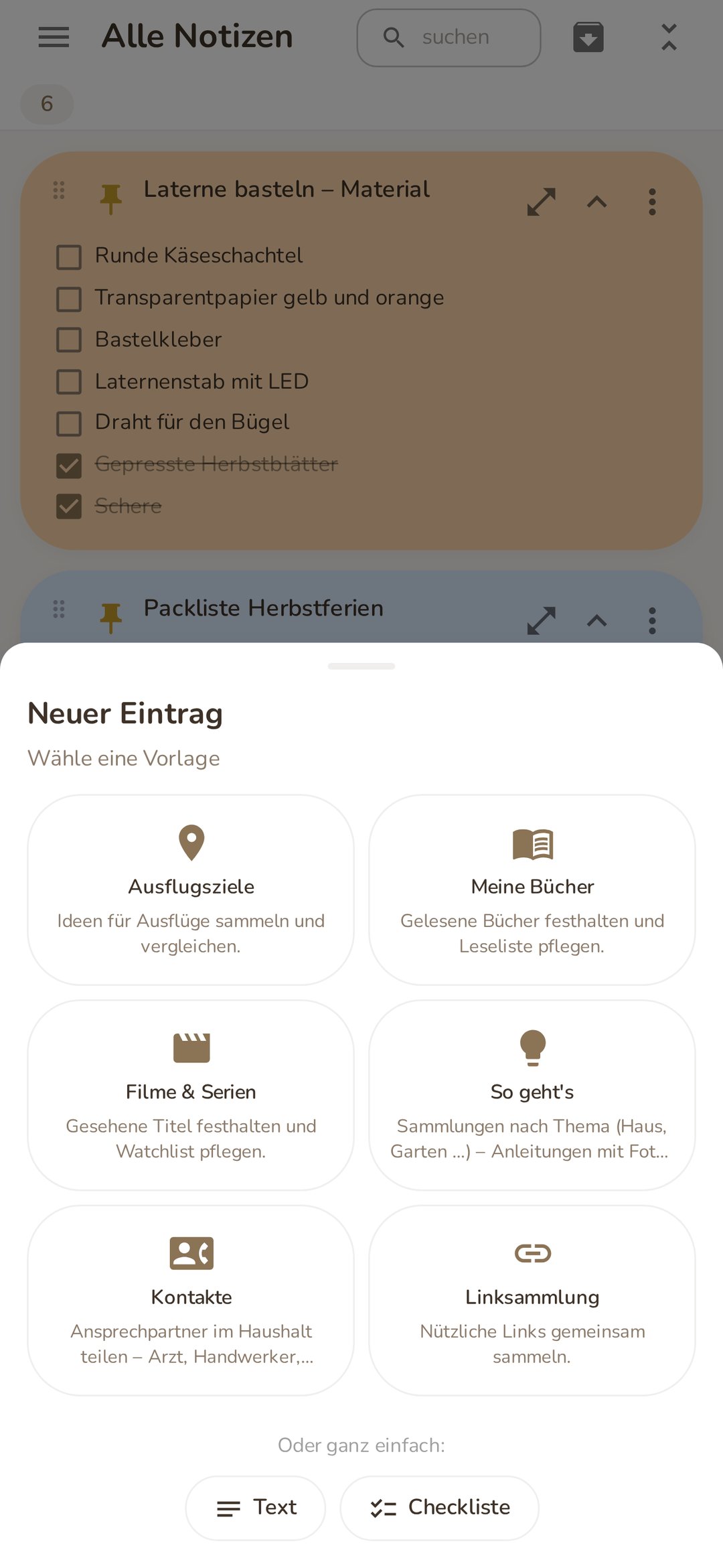 Vorlage auswählen: sechs vorgefertigte Themen