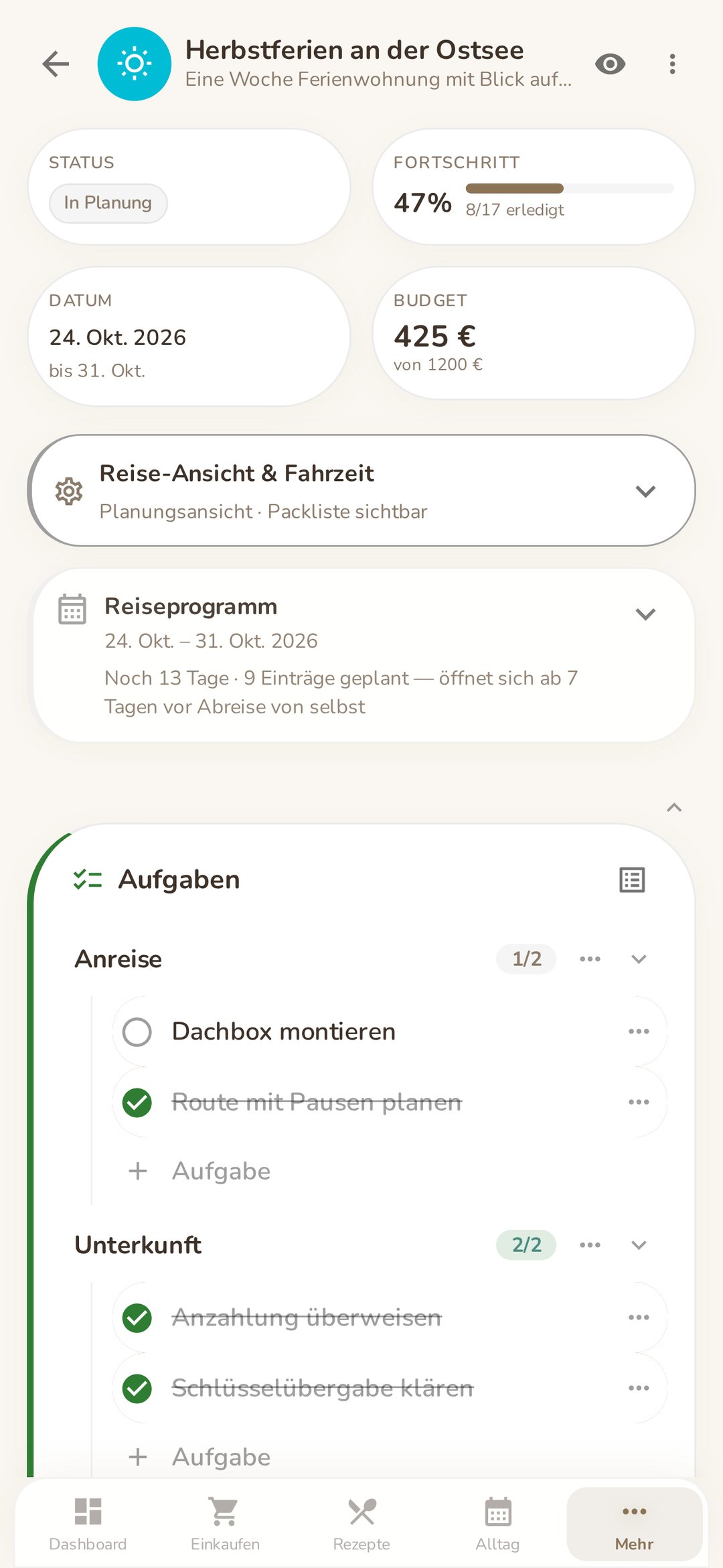 Urlaubsplanung im Planer von Familea
