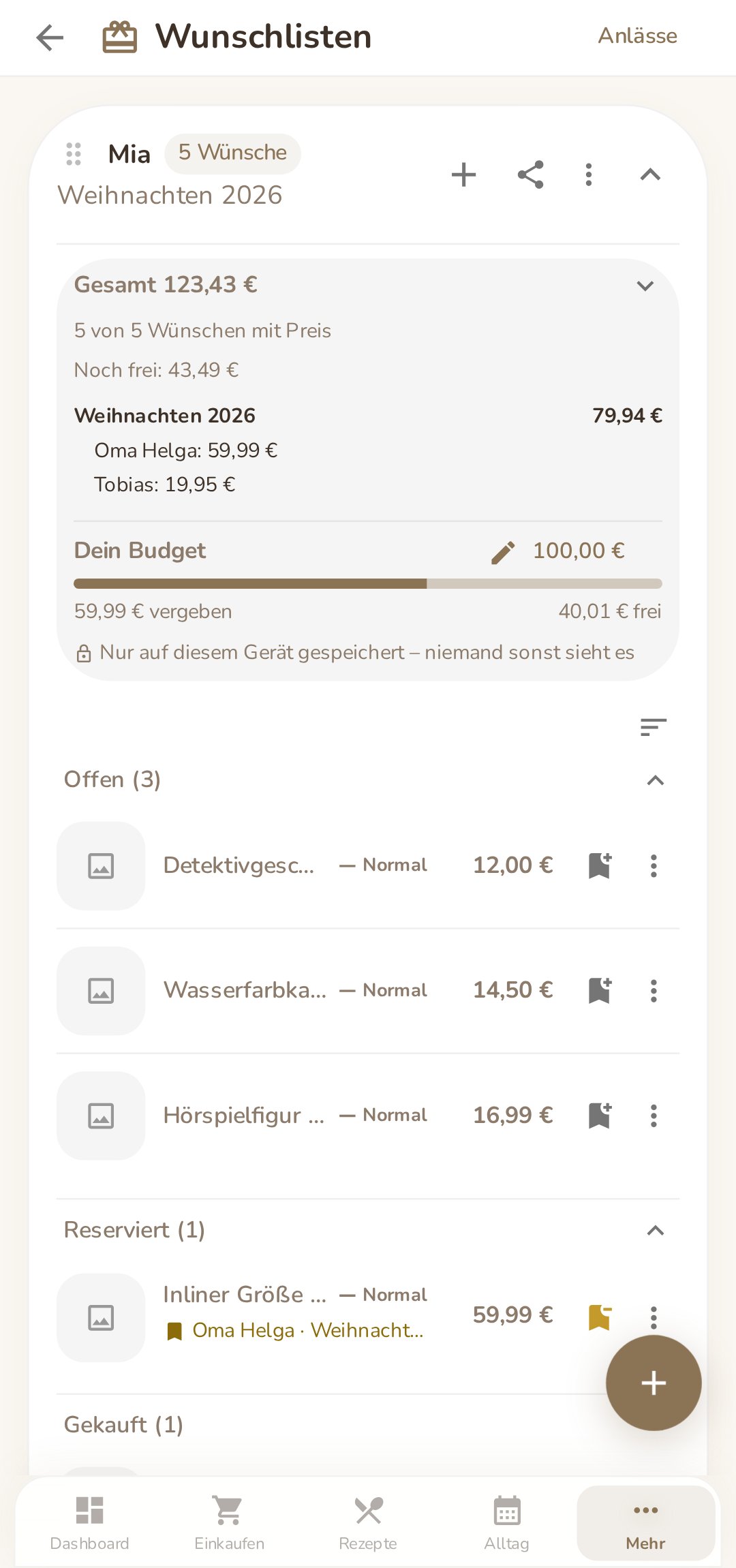 Wunschliste in Familea mit Gesamtsumme, Anlass Weihnachten, eigenem Budget und den Abschnitten Offen, Reserviert und Gekauft
