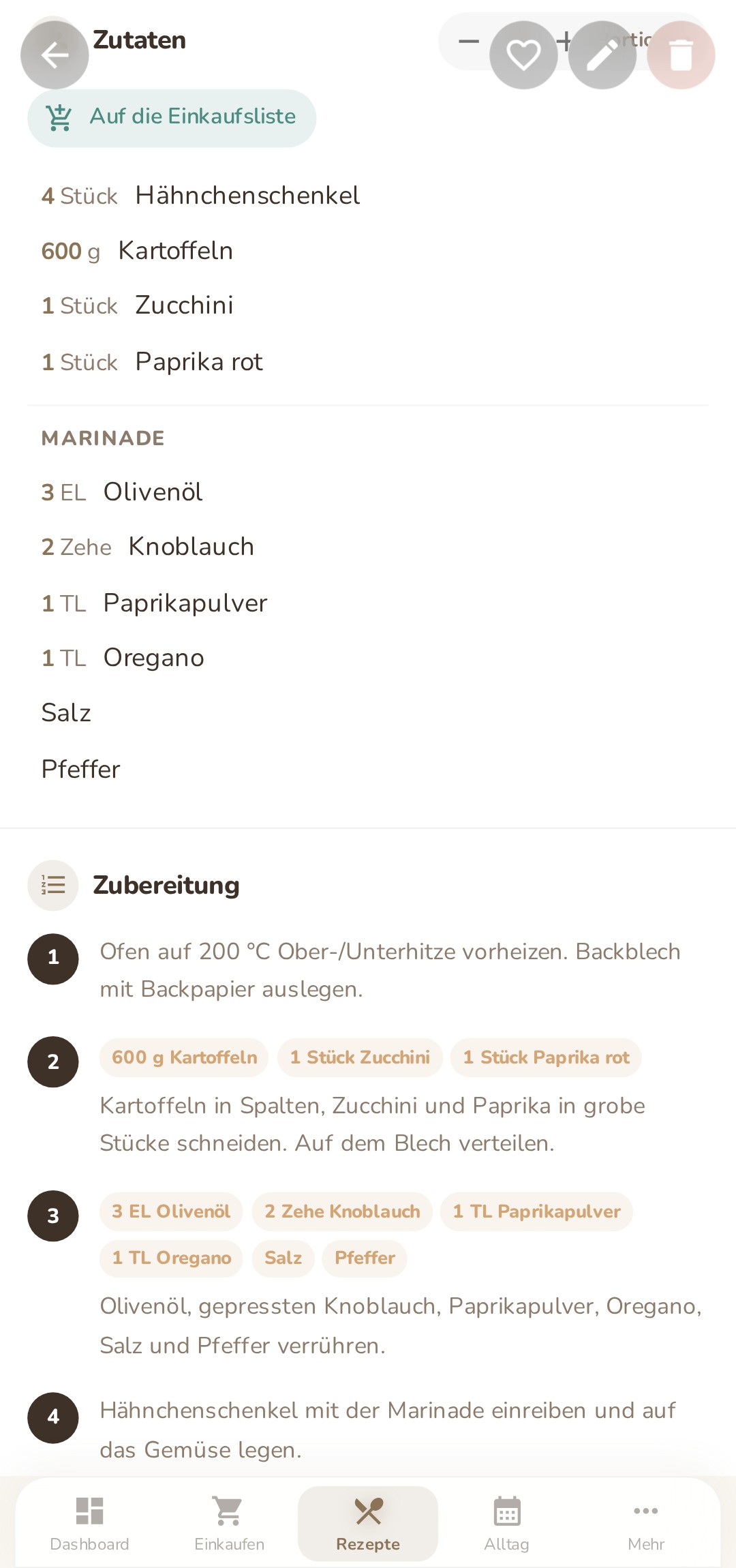 Rezept-Detail weiter unten: Zutaten mit Marinade und Zubereitungsschritte, in denen die Zutaten als Chips markiert sind