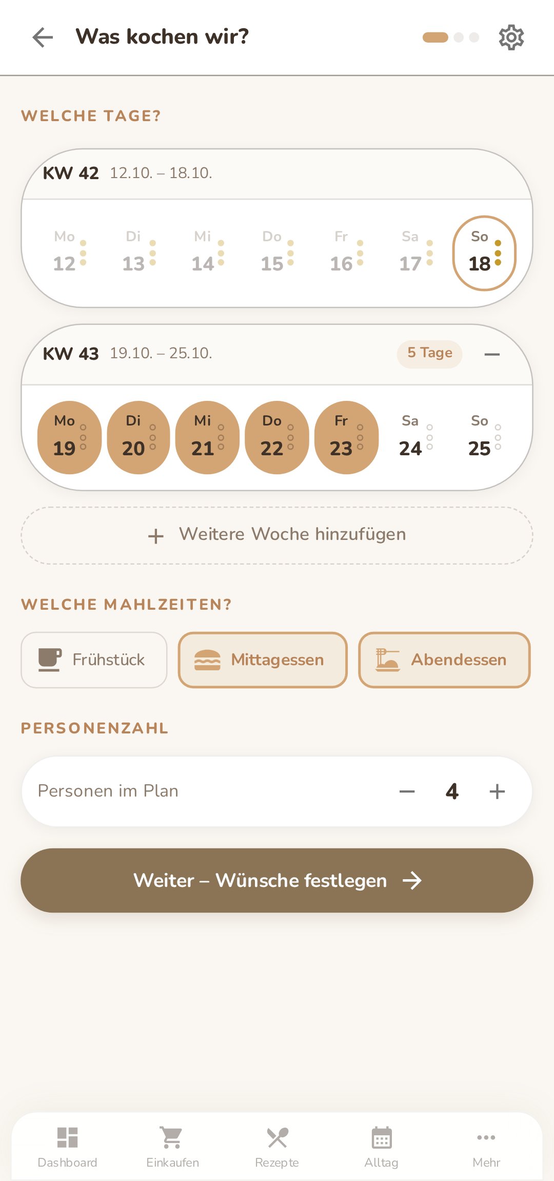 Was kochen wir? Schritt 1: Tage der Woche, Mahlzeiten und Personenzahl auswählen
