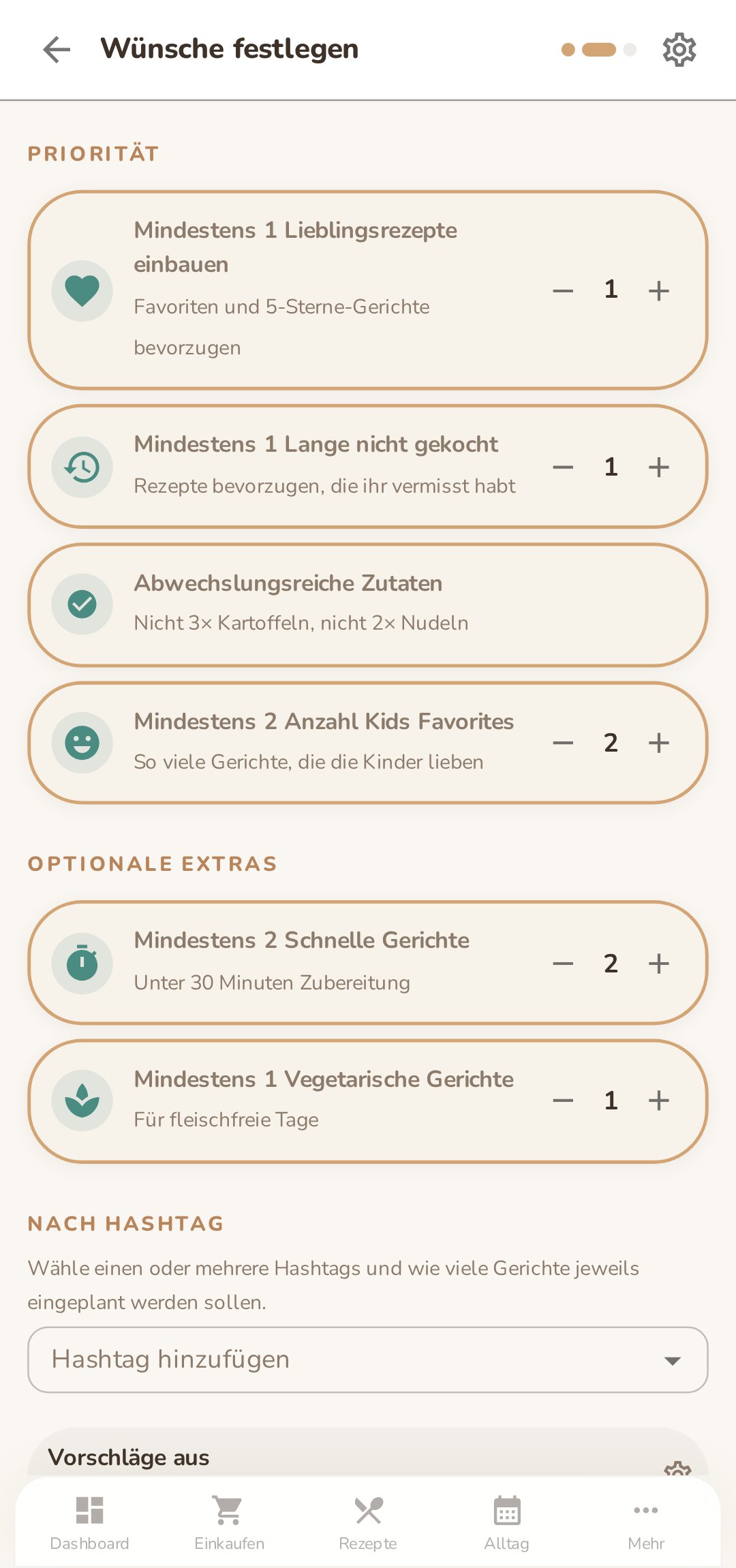 Was kochen wir? Schritt 2: Wünsche festlegen wie Lieblingsrezepte, lange nicht gekocht, Kids-Favoriten, schnelle und vegetarische Gerichte