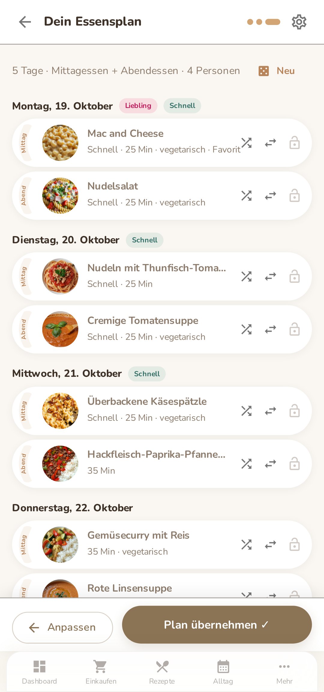 Was kochen wir? – Essensplan-Vorschlag in Familea