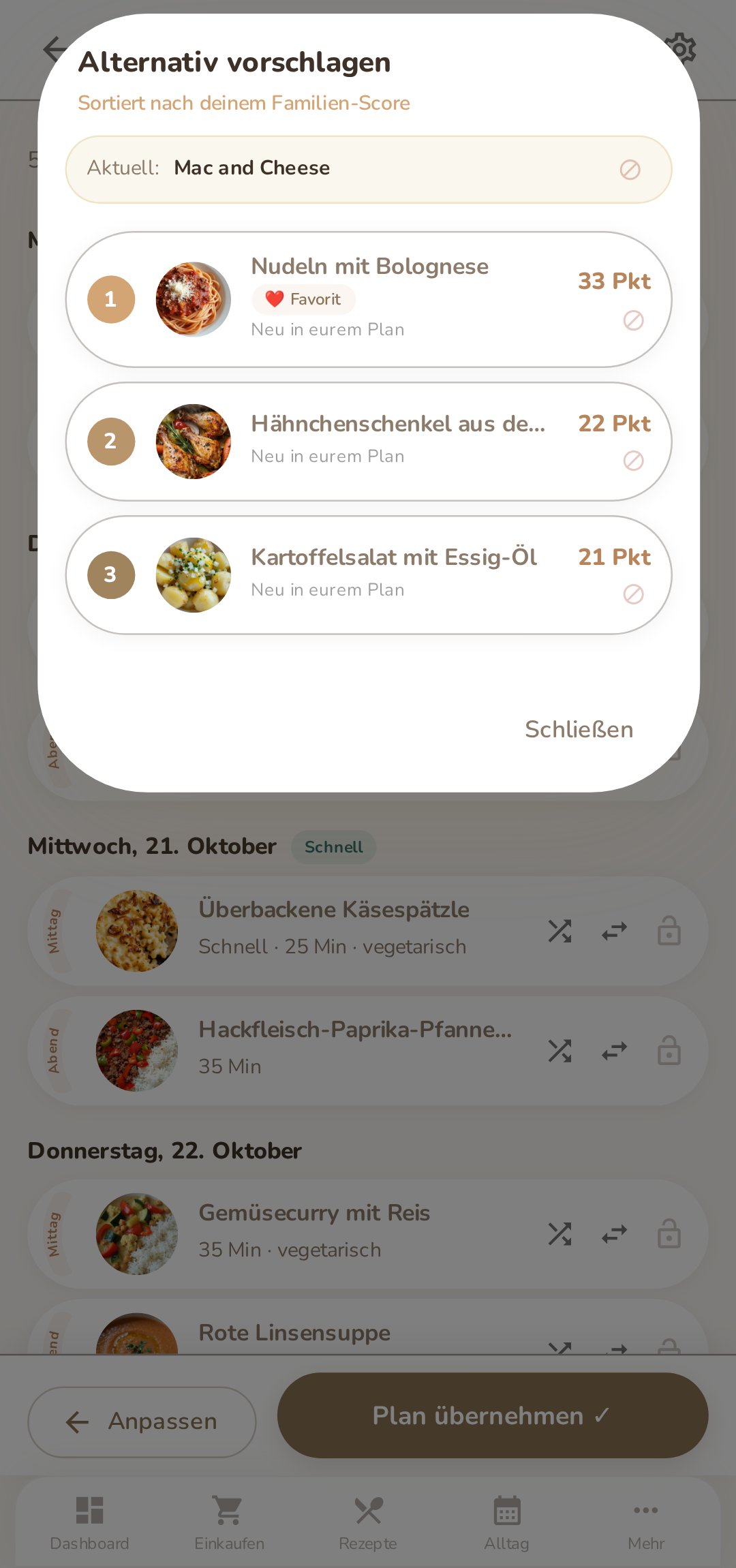 Was kochen wir? Schritt 4: Alternativen zu einem Gericht, sortiert nach Familien-Score